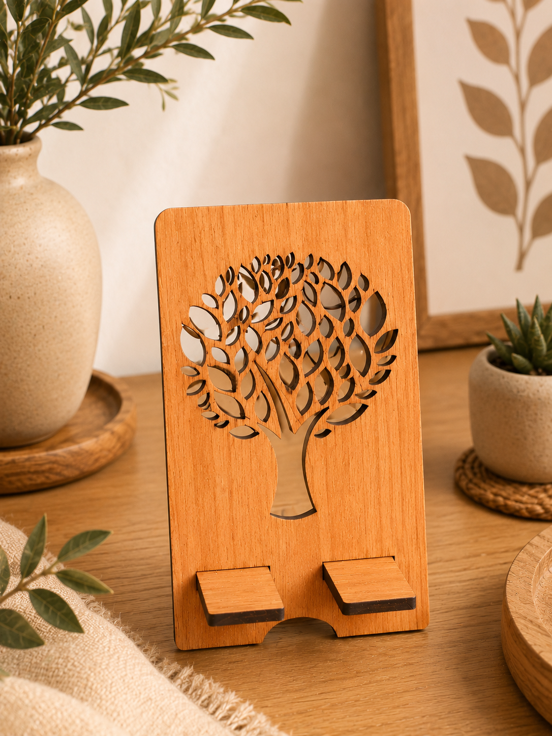 Support téléphone en bois - Arbre de Vie