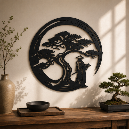 Arbre Bonsaï & Samouraï – Décoration murale en bois