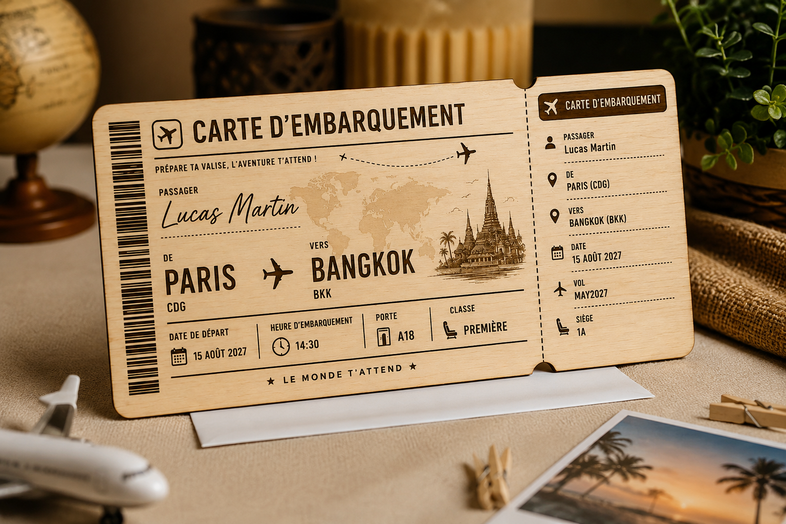Carte d’embarquement personnalisée en bois