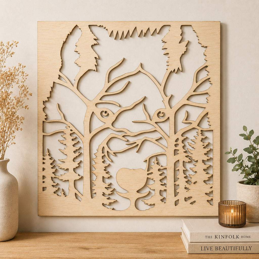 Décoration murale en bois - Tête de loup dans la forêt