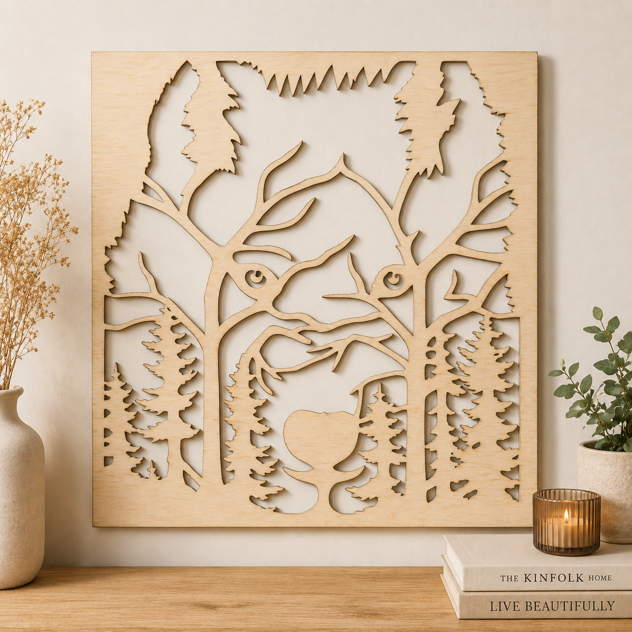 Décoration murale en bois - Tête de loup dans la forêt