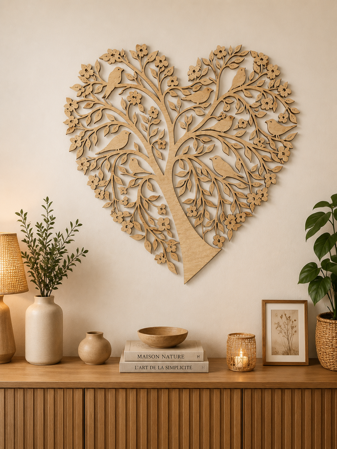 Arbre de vie Coeur en bois - Décoration murale avec oiseaux