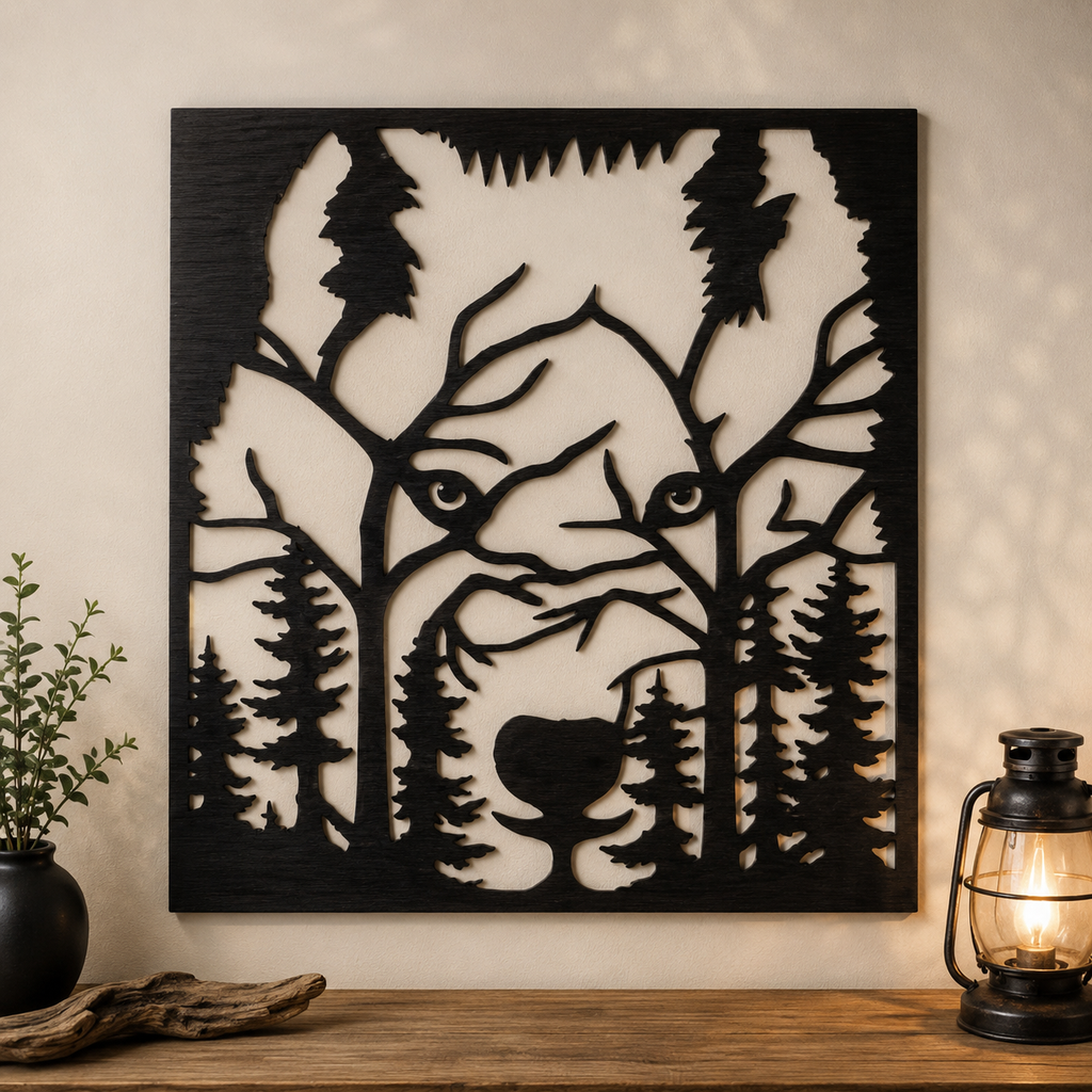 Décoration murale en bois - Tête de loup dans la forêt