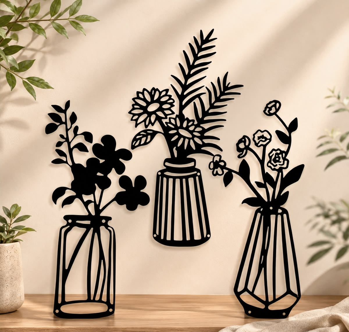Trio de vases fleuris en bois