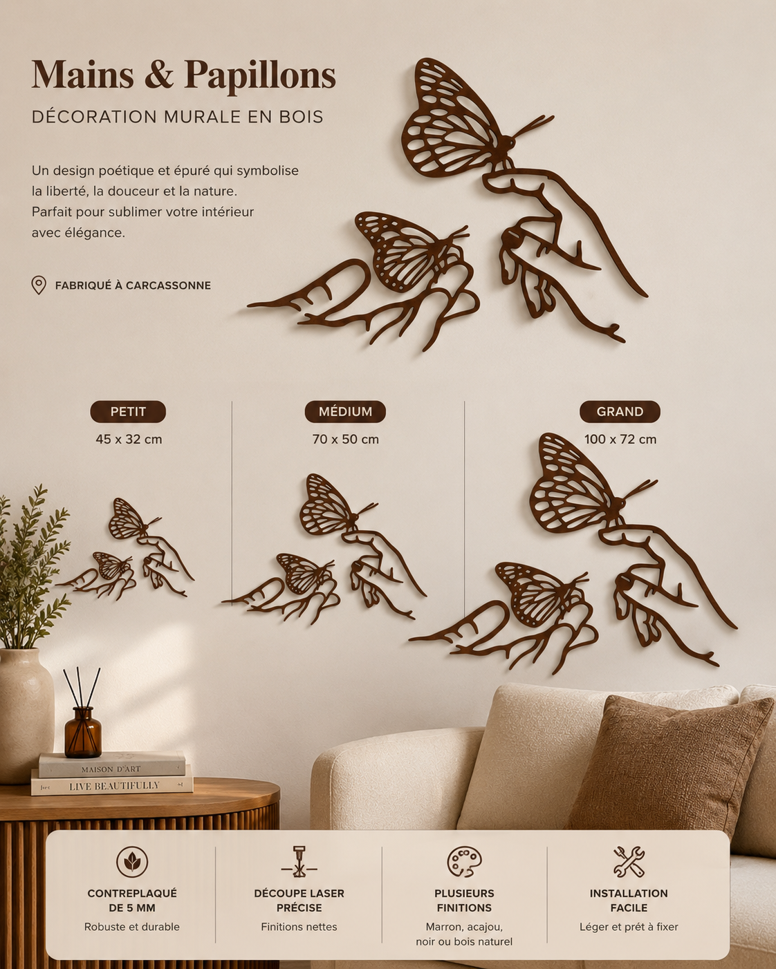 Décoration Murale Mains & Papillons – Élégance Minimaliste en Bois