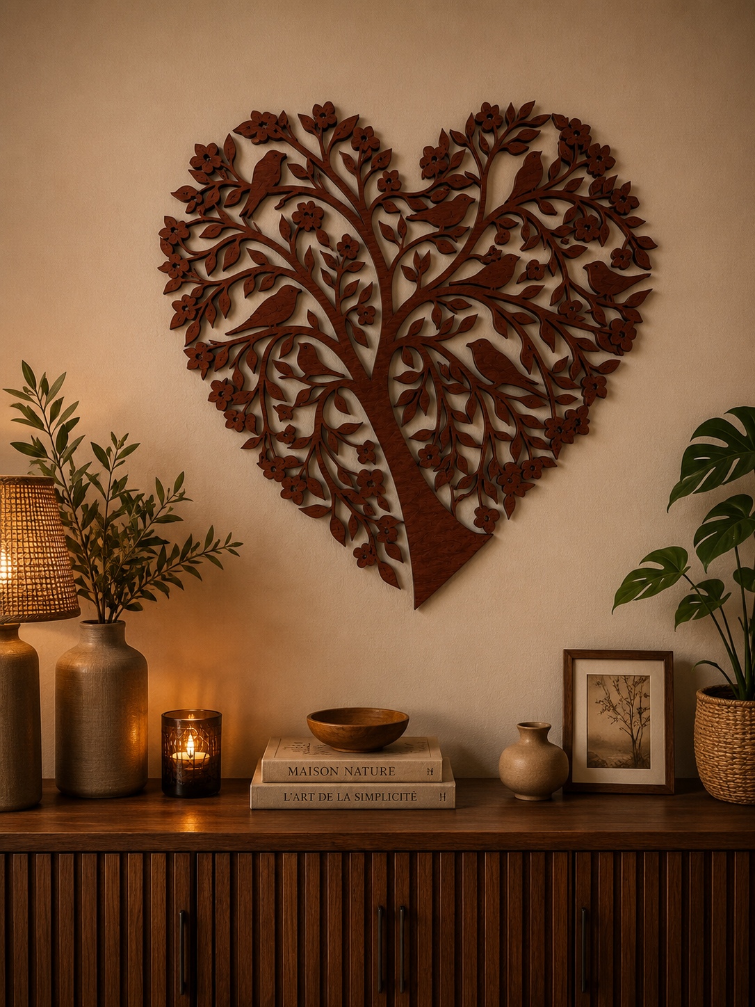 Arbre de vie Coeur en bois - Décoration murale avec oiseaux