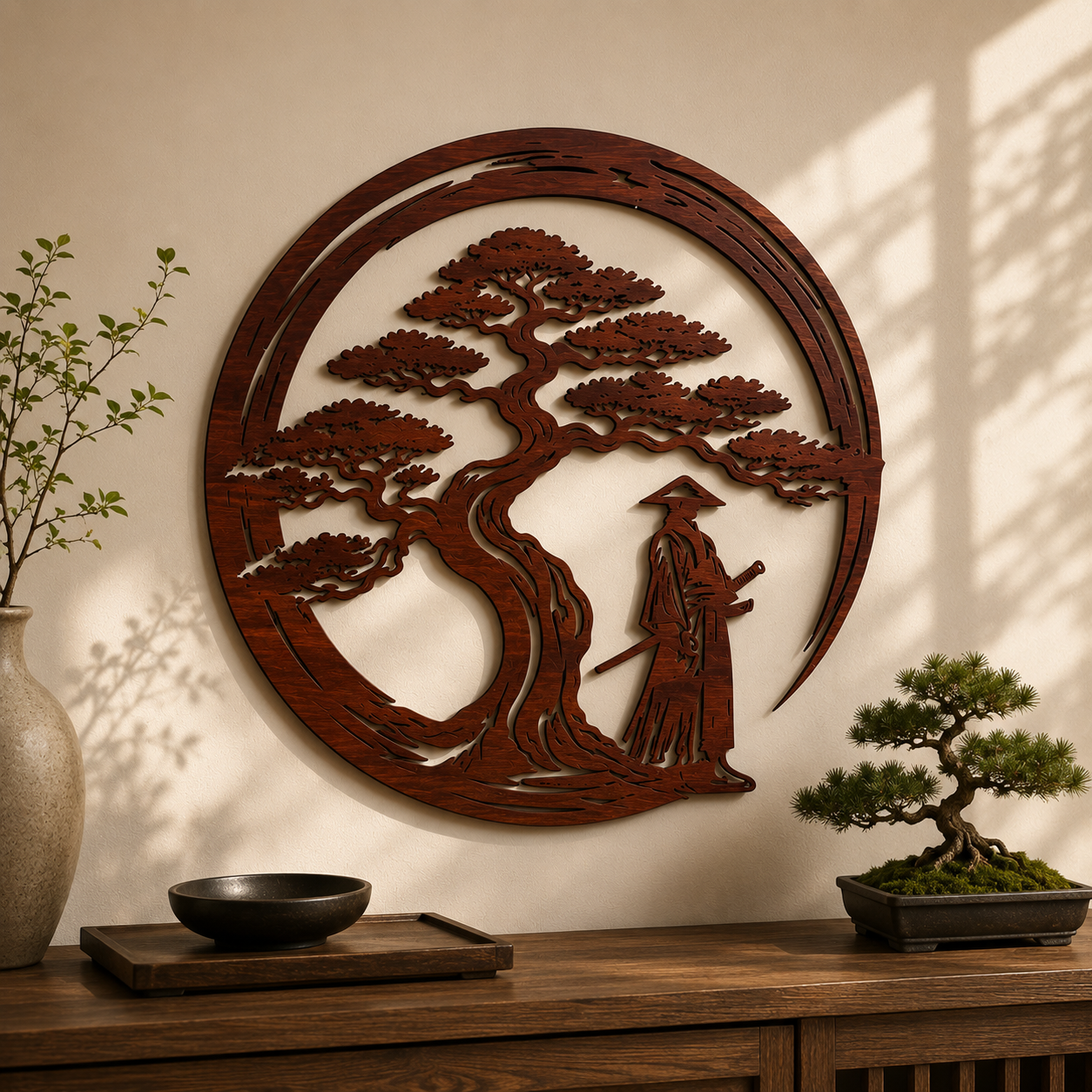 Arbre Bonsaï & Samouraï – Décoration murale en bois