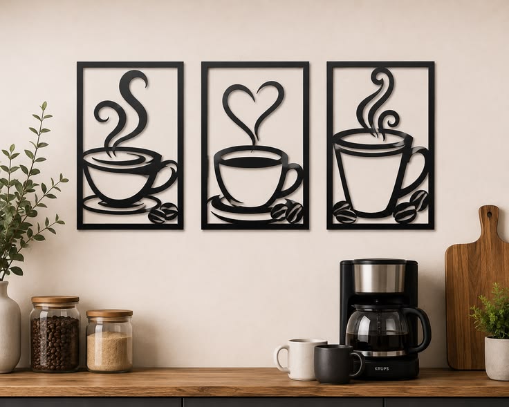 Triptyque Café en Bois – Décoration Murale Cuisine (Lot de 3)