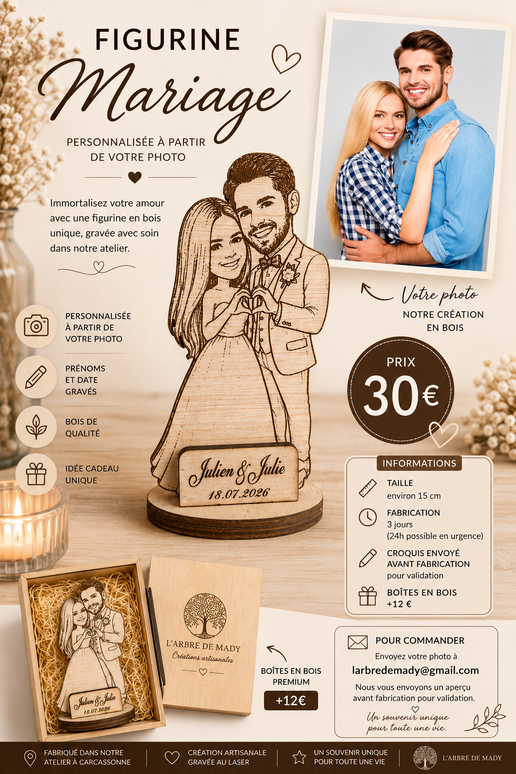 Figurine Mariage Personnalisée en Bois – À partir de votre photo