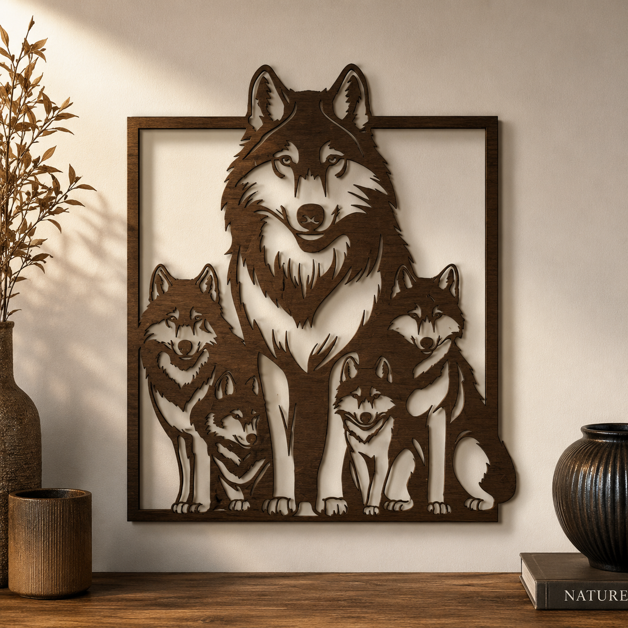 Décoration murale en bois - Famille de loups