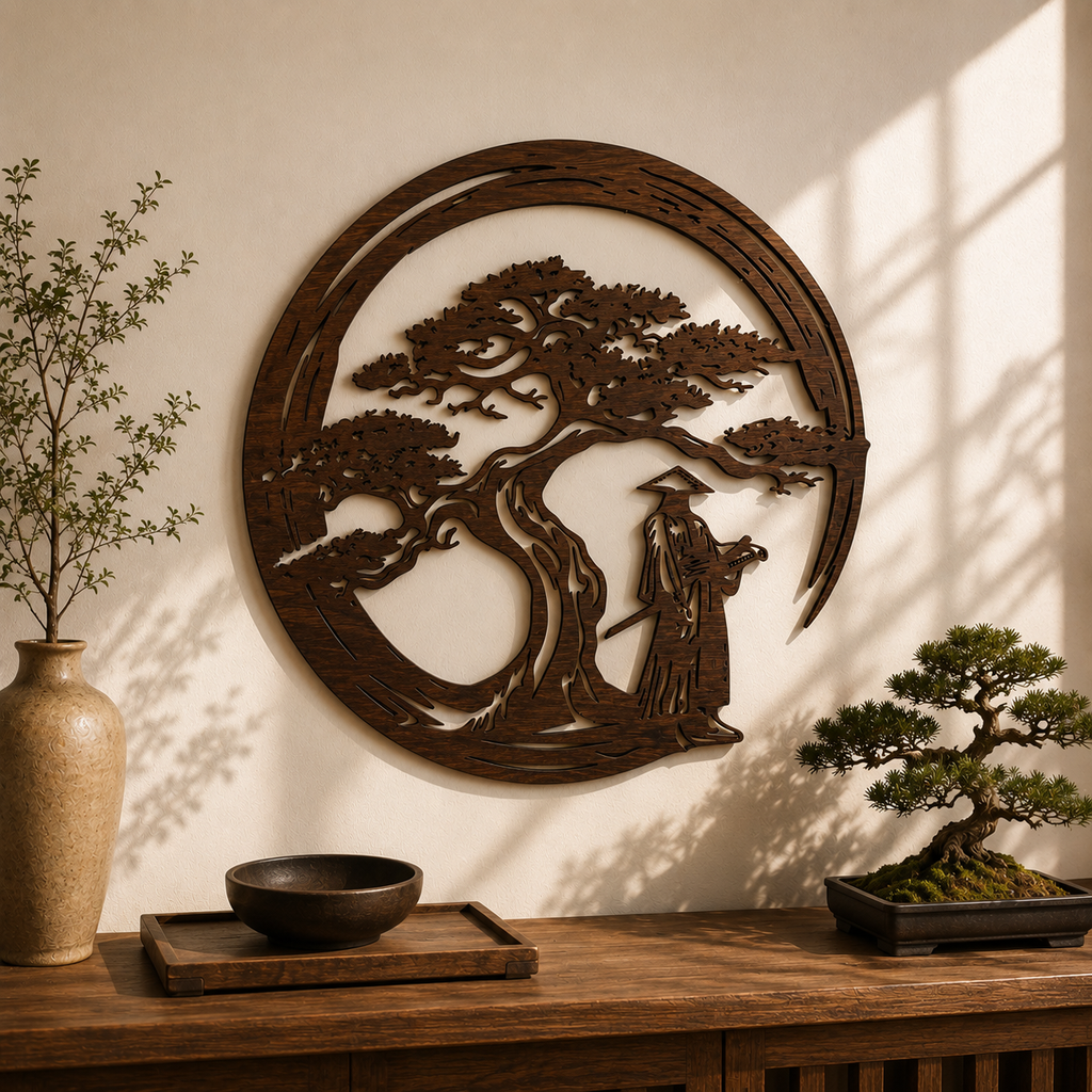 Arbre Bonsaï & Samouraï – Décoration murale en bois