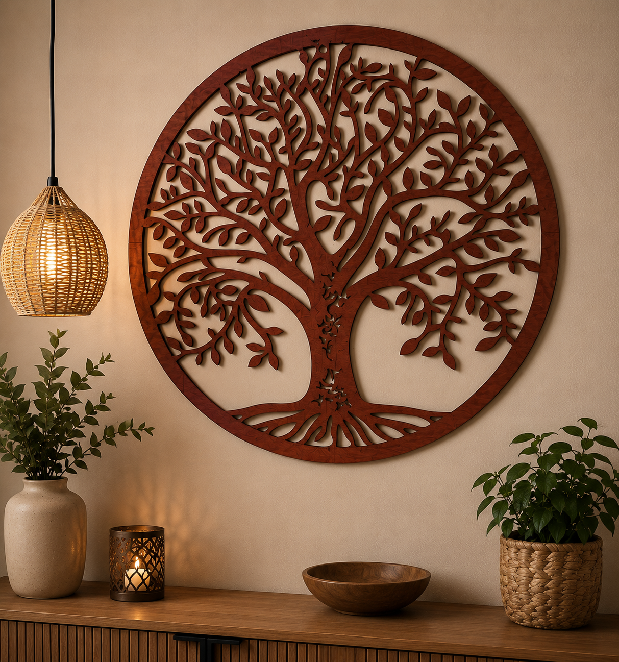 Arbre de vie mural rond en bois