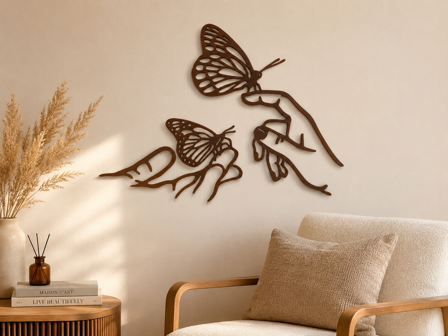 Décoration Murale Mains & Papillons – Élégance Minimaliste en Bois