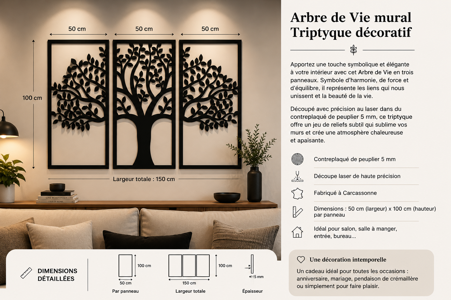 Arbre de vie mural en bois - Triptyque décoratif