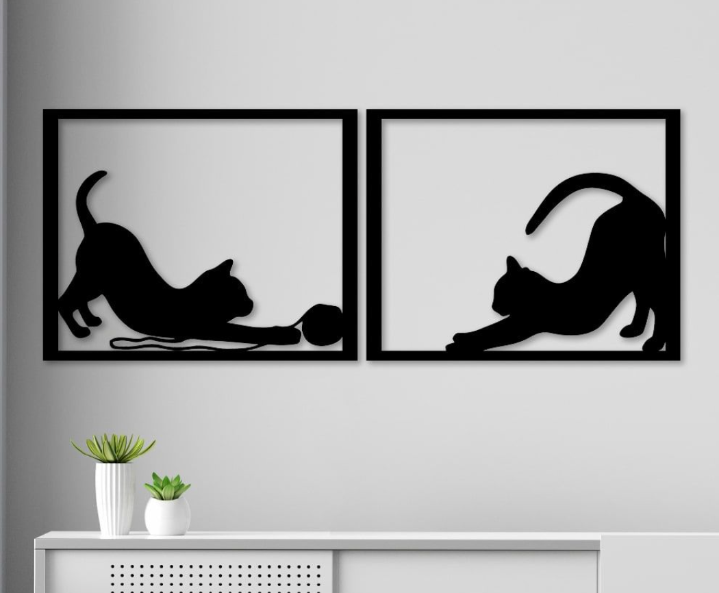 Décoration murale Chats en bois - Duo de Chats Joueurs