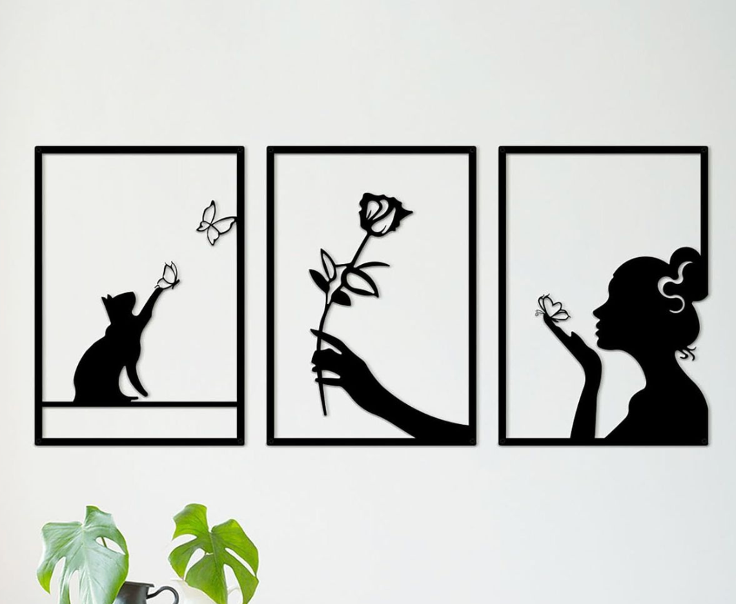 Trio de cadres muraux en bois - Femme, Rose & Chat