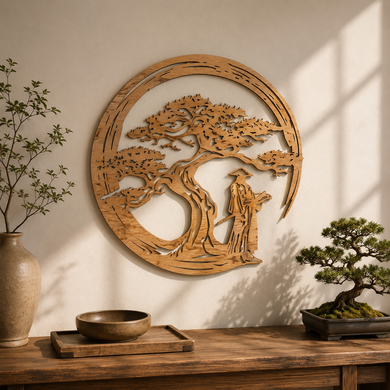 Arbre Bonsaï & Samouraï – Décoration murale en bois