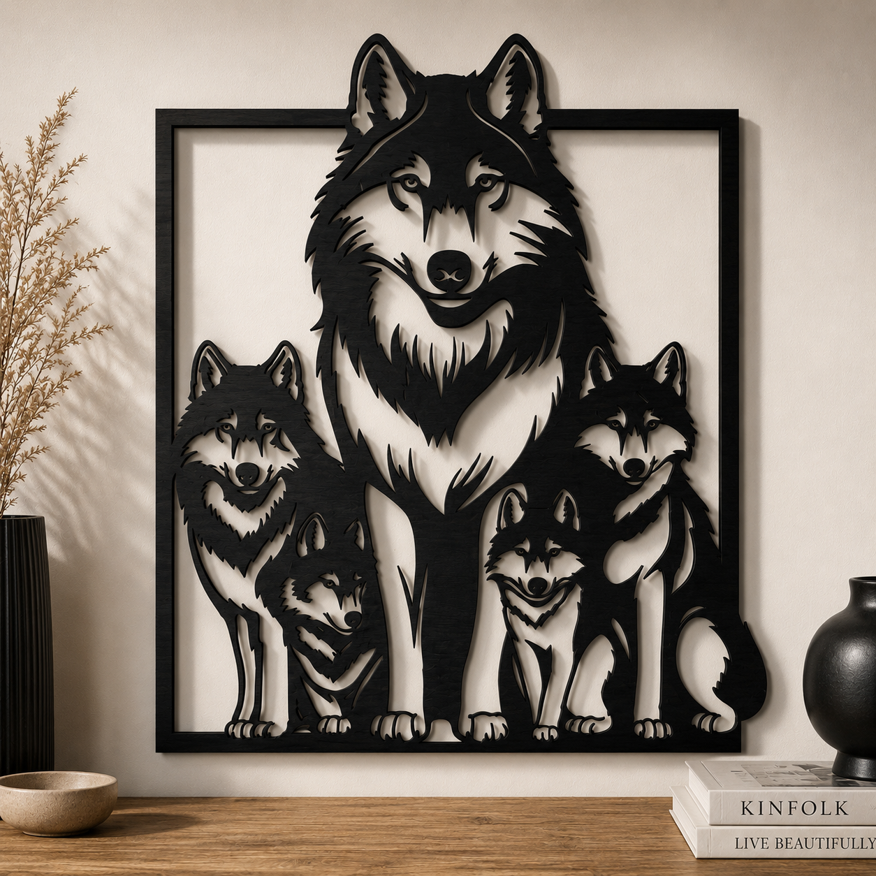 Décoration murale en bois - Famille de loups