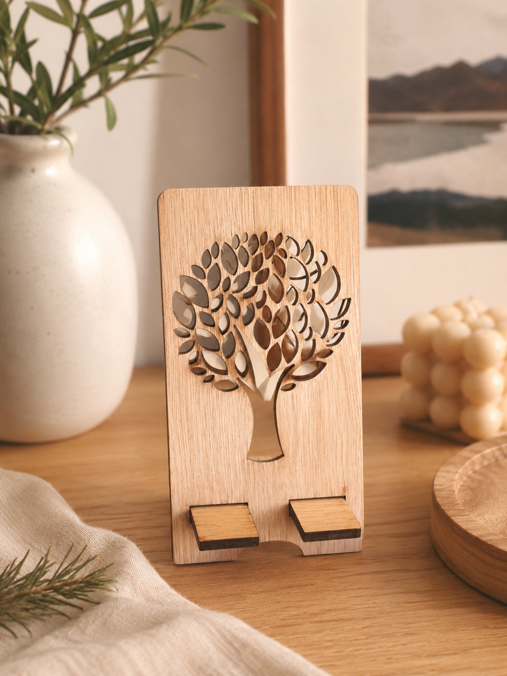 Support téléphone en bois - Arbre de Vie